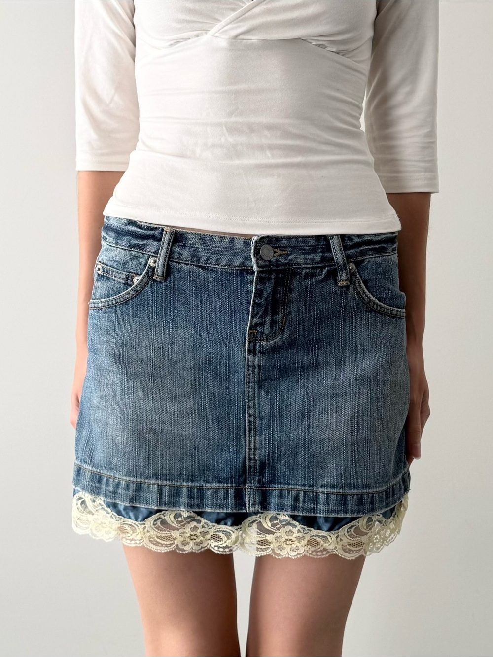 Guess denim low rise mini skirt with slip lace trim